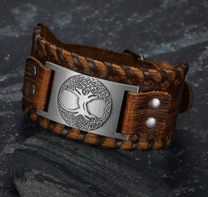 Asgard Crafted Leather Buckle Arm Cuff With Metal Celtic Tree Of Life Design (Option: Silver Brown)