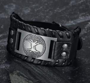 Asgard Crafted Leather Buckle Arm Cuff With Metal Celtic Tree Of Life Design (Option: Silver Black)