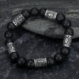 Asgard Crafted Silver Rune And Black Lava Stone Bracelet (Option: 5Runes)