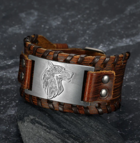 Asgard Crafted Leather Buckle Arm Cuff With Fenrir Design (Option: Silver Brown)