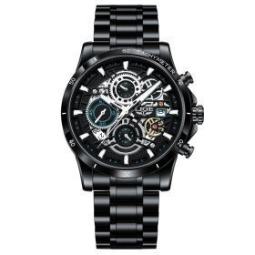 Quartz Watch Skeleton Design Multifunctional (Color: Steel strip black and blue)