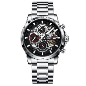 Quartz Watch Skeleton Design Multifunctional (Color: Steel strip silver black)