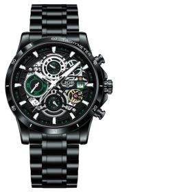 Quartz Watch Skeleton Design Multifunctional (Color: Steel belt black and green)