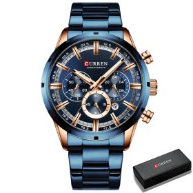 CURREN Men Watch Top Brand Luxury Sports Quartz Mens Watches Full Steel Waterproof Chronograph Wristwatch Men Relogio Masculino (Color: Rose Gold Blue Box)