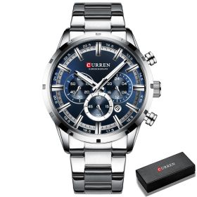 CURREN Men Watch Top Brand Luxury Sports Quartz Mens Watches Full Steel Waterproof Chronograph Wristwatch Men Relogio Masculino (Color: Silver Blue Box)