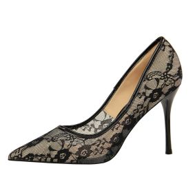 Women Pumps; Sexy heels; women's shoes; stiletto heels; pointed toe heels; mesh cutout lace trims (colour: black)