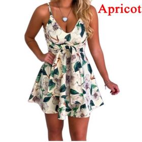 summer women's new sexy fashion V-neck sling sleeveless halter bandage printed swing dress (Color: Light green)