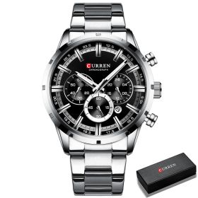 CURREN Men Watch Top Brand Luxury Sports Quartz Mens Watches Full Steel Waterproof Chronograph Wristwatch Men Relogio Masculino (Color: Silver Black Box)