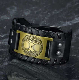 Asgard Crafted Leather Buckle Arm Cuff With Metal Celtic Tree Of Life Design (Option: Gold Black)